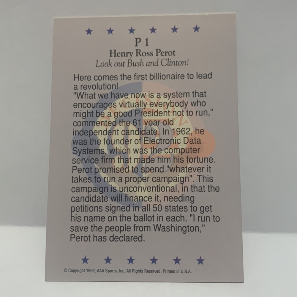 1992 Wild Card Promotional Political Card Ross Perot (017) - Picture 2 of 2